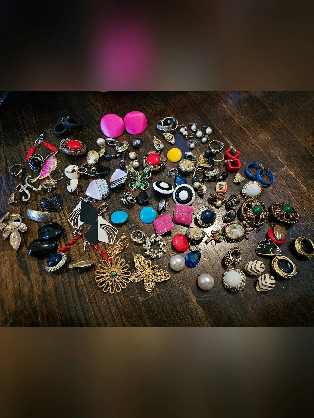 Mixed Vintage Clip-On Earrings And Brooches Lot - Bright Multi-Color